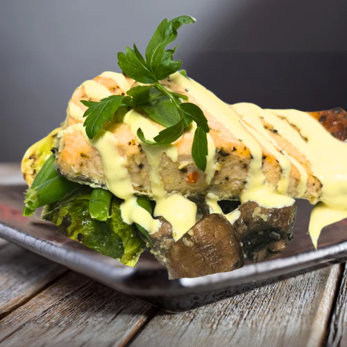 Baked Salmon with Beans, Mushrooms and Brussels Sprout with Hollandaise Sauce