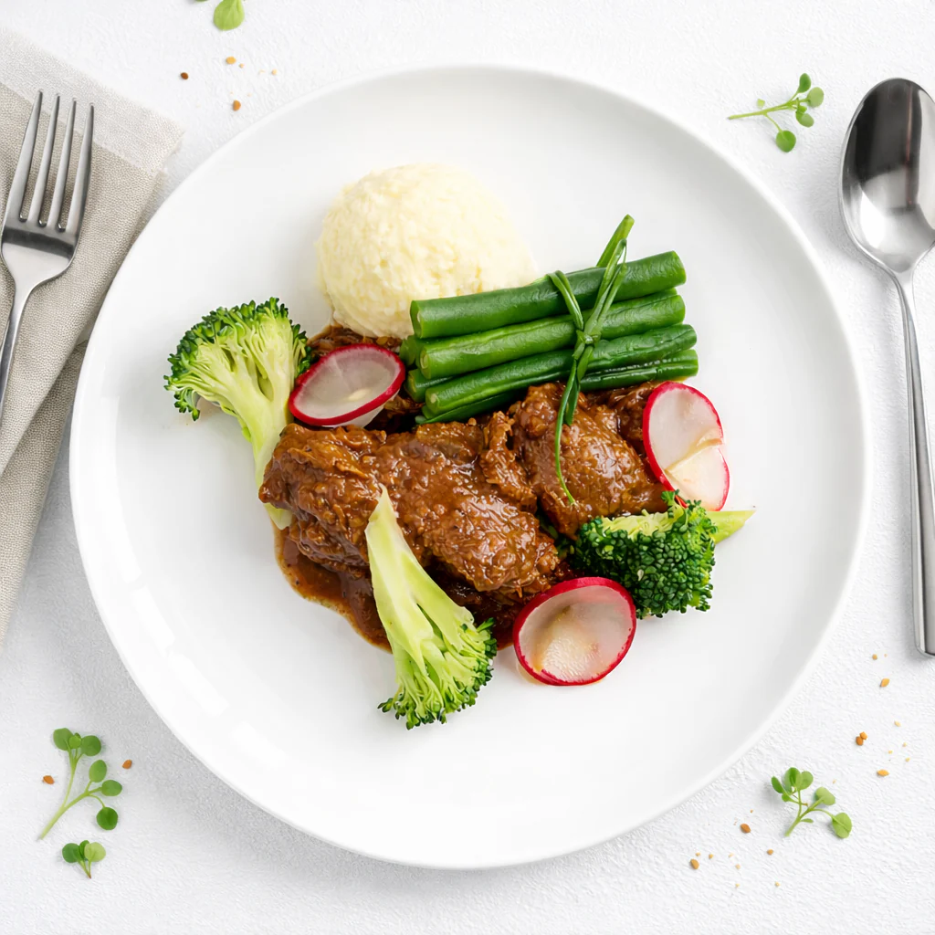 Beef Bourguignon, Cauliflower Mash, Green Beans, and Broccoli (Gluten-free)