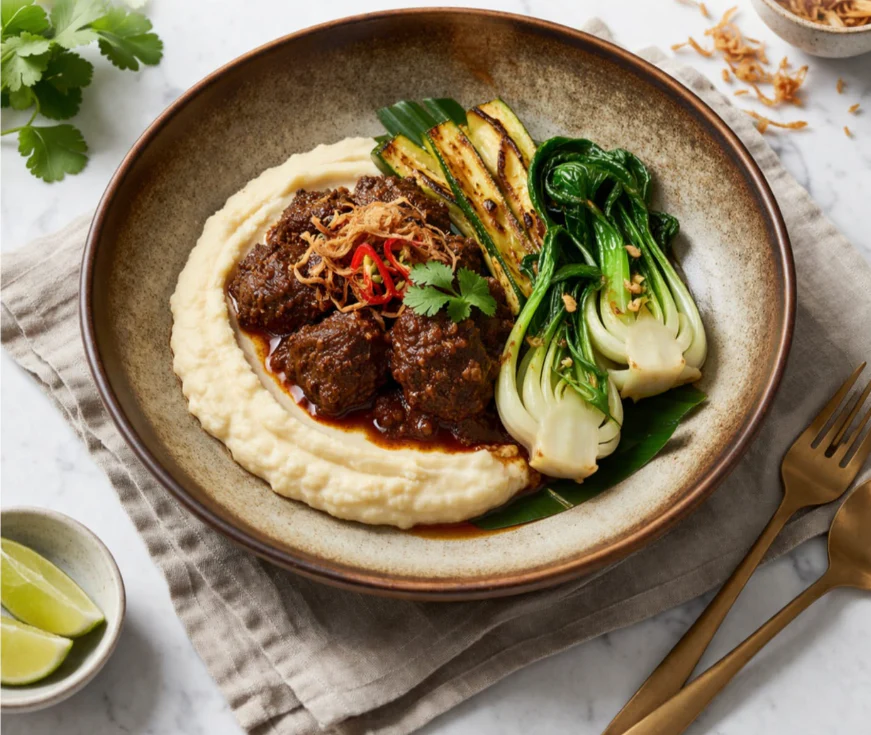Beef Rendang, Charred Zucchini, Garlic Bokchoy, and Cauliflower Mash