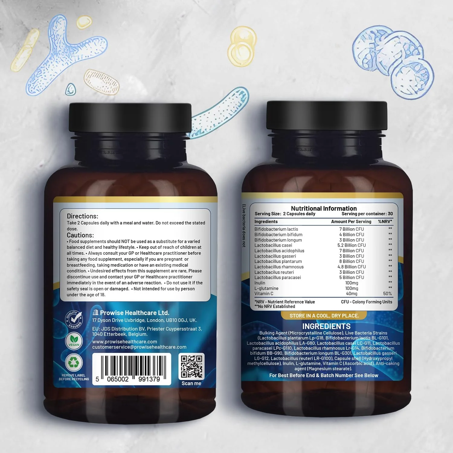 Bio Cultures Complex Probiotics – 50 Billion CFU, Prebiotics & Vitamin C | 60 Capsules - Image 2