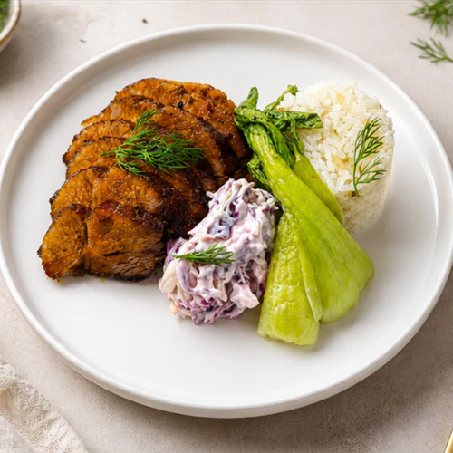 Char Siu Pork, Cauliflower Rice, Garlic Bok Choy, Coleslaw (Gluten-free)