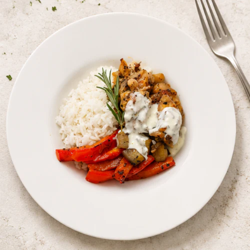 Chicken Souvlaki, Roasted Eggplant and Capsicum, Jasmin Rice, Yoghurt Dip