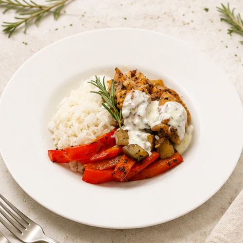 Chicken Souvlaki, Roasted Eggplant and Capsicum, Jasmin Rice, Yoghurt Dip - Image 2