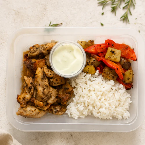 Chicken Souvlaki, Roasted Eggplant and Capsicum, Jasmin Rice, Yoghurt Dip - Image 3