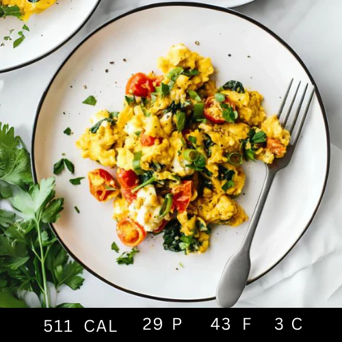 Creamy Free Range scrambled eggs with sautéed Mushroom, Spinach and Cherry Tomatoes (Breakfast) (Gluten-free) - Image 3