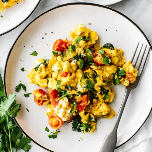 Creamy Free Range scrambled eggs with sautéed Mushroom, Spinach and Cherry Tomatoes (Breakfast) (NDIS)