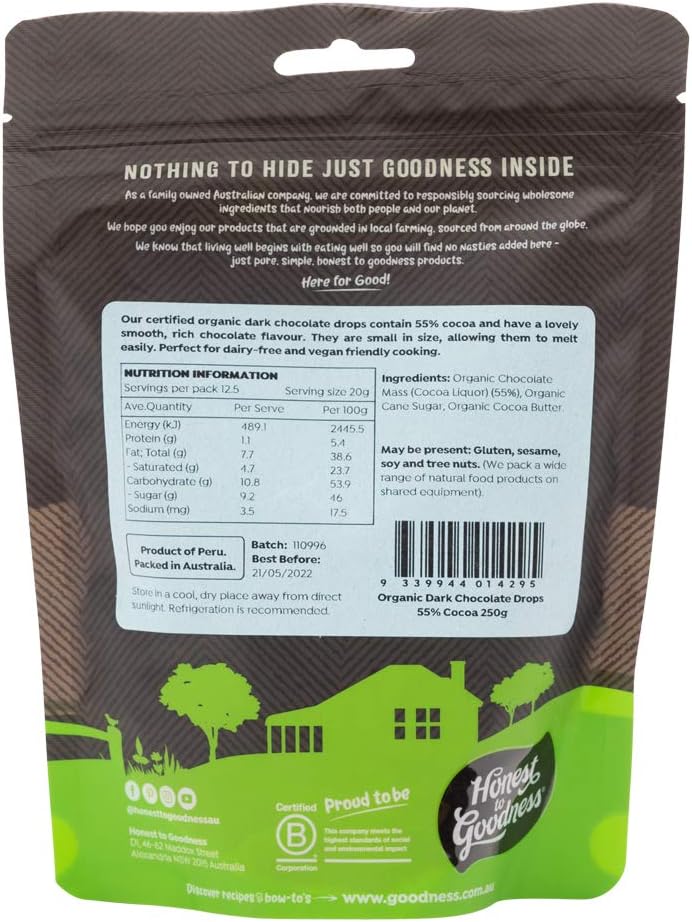 Honest to Goodness Organic Dark Chocolate Drops 55% Cocoa | Dairy-Free & Vegan | 250g - Image 3