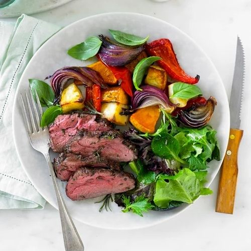 Pan Seared Lamb Rump with Roasted Vegetables and Pink Peppercorn Sauce (NDIS)