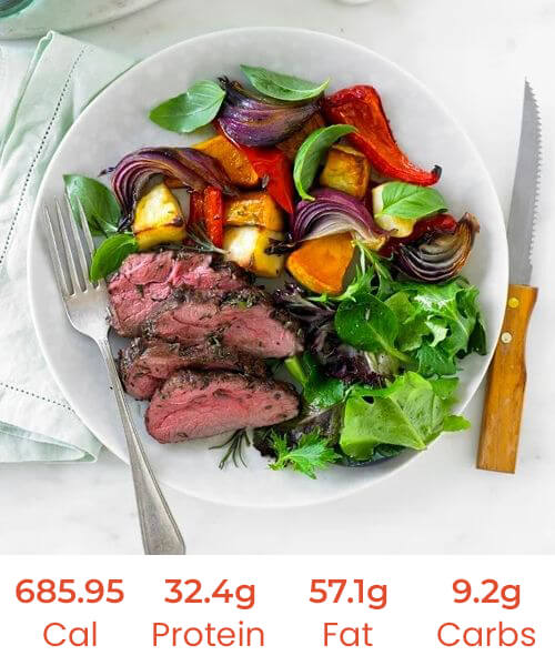 Pan Seared Lamb Rump with Roasted Vegetables and Pink Peppercorn Sauce (NDIS) - Image 3