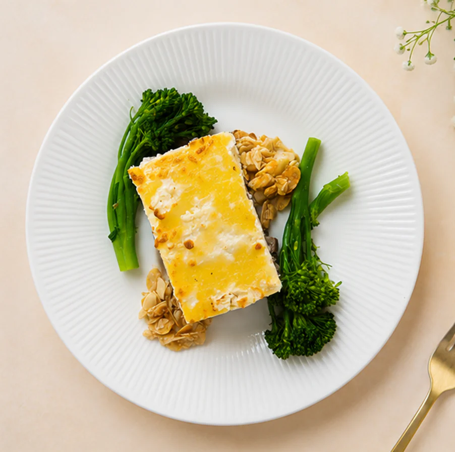 Soft Bake Ricotta and Mushroom Lasagna with Broccolini and Almond Topping (NDIS)