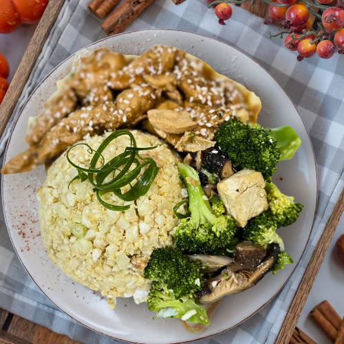 Stir-fry Sesame Chicken with Egg Fried Cauliflower Rice and Stir-fry Vegetables