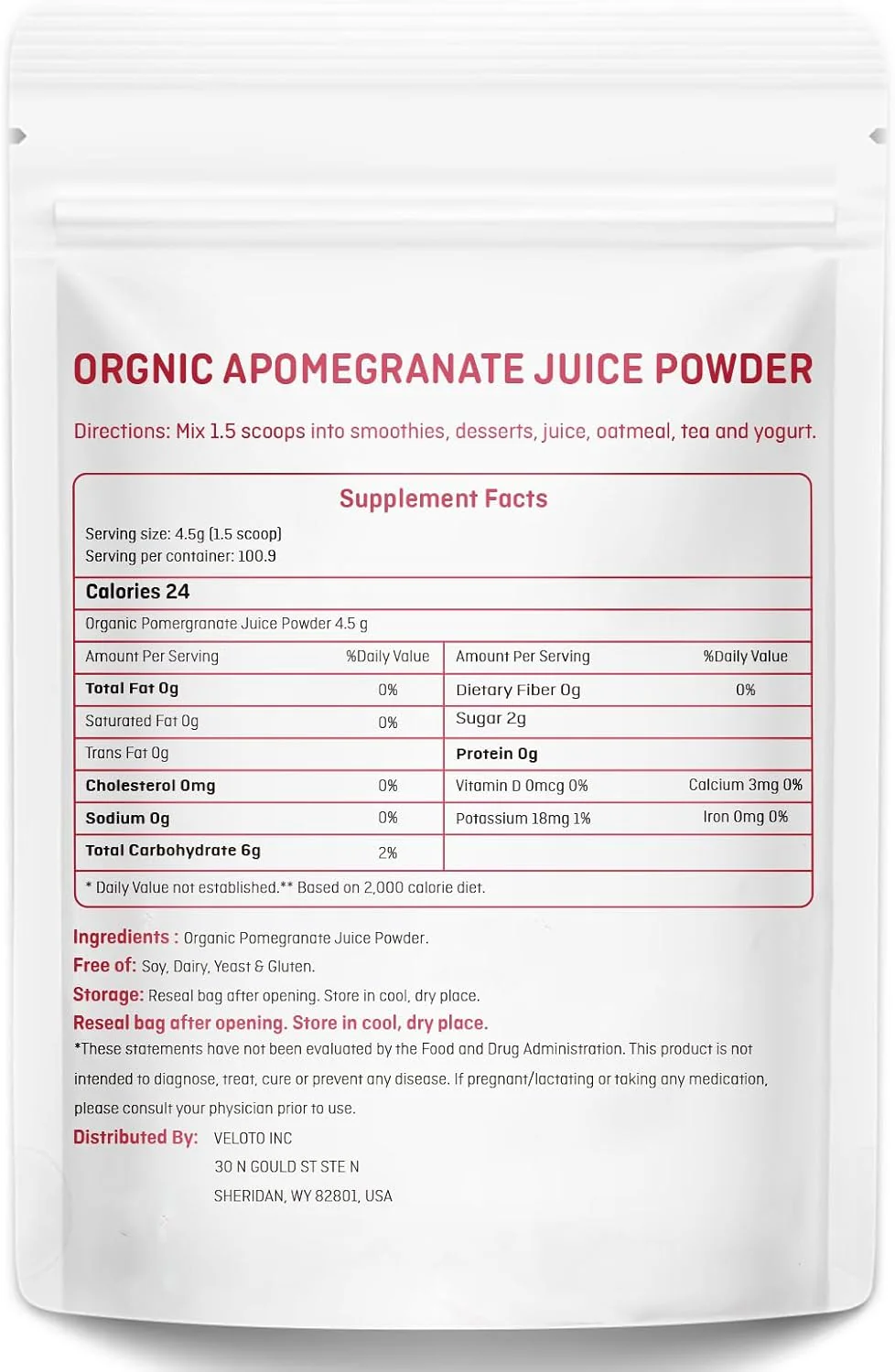 VELOTO Organic Pomegranate Juice Powder, Pure Pomegranate Fruit Extract Freeze Dried Powder, Natural Vitamin C Vegan Sweetener Superfoods for Smoothies, Yogurt & Shake, Gluten Free, Non GMO, 1 lb