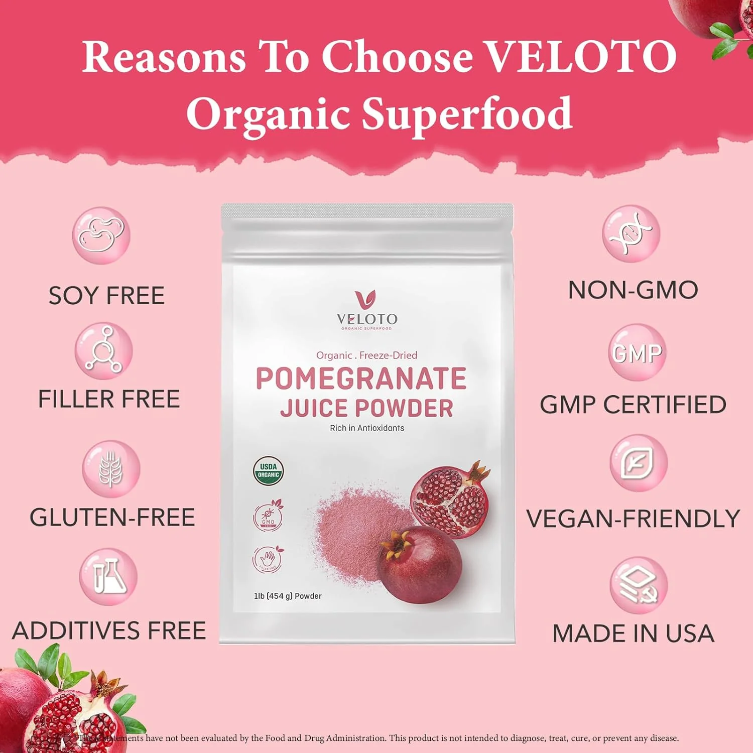 VELOTO Organic Pomegranate Juice Powder, Pure Pomegranate Fruit Extract Freeze Dried Powder, Natural Vitamin C Vegan Sweetener Superfoods for Smoothies, Yogurt & Shake, Gluten Free, Non GMO, 1 lb - Image 5