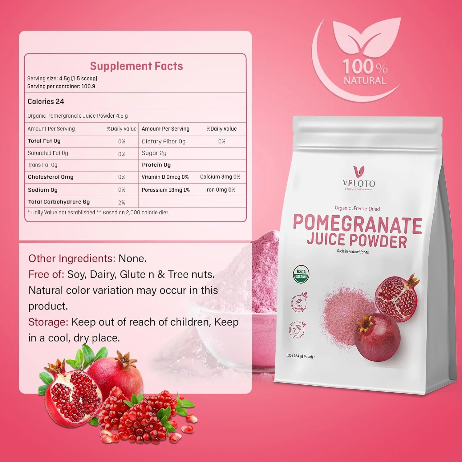 VELOTO Organic Pomegranate Juice Powder, Pure Pomegranate Fruit Extract Freeze Dried Powder, Natural Vitamin C Vegan Sweetener Superfoods for Smoothies, Yogurt & Shake, Gluten Free, Non GMO, 1 lb - Image 6
